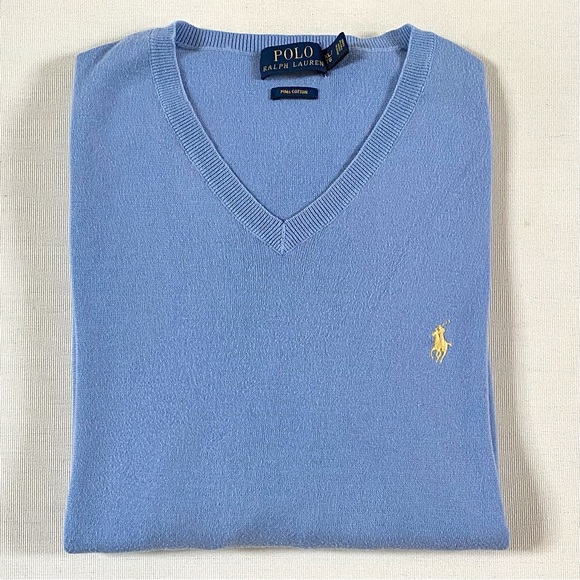 POLO RALPH LAUREN PIMA V-NECK SWEATER LIGHT BLUE SIZE X-LARGE - Picture 15 of 15